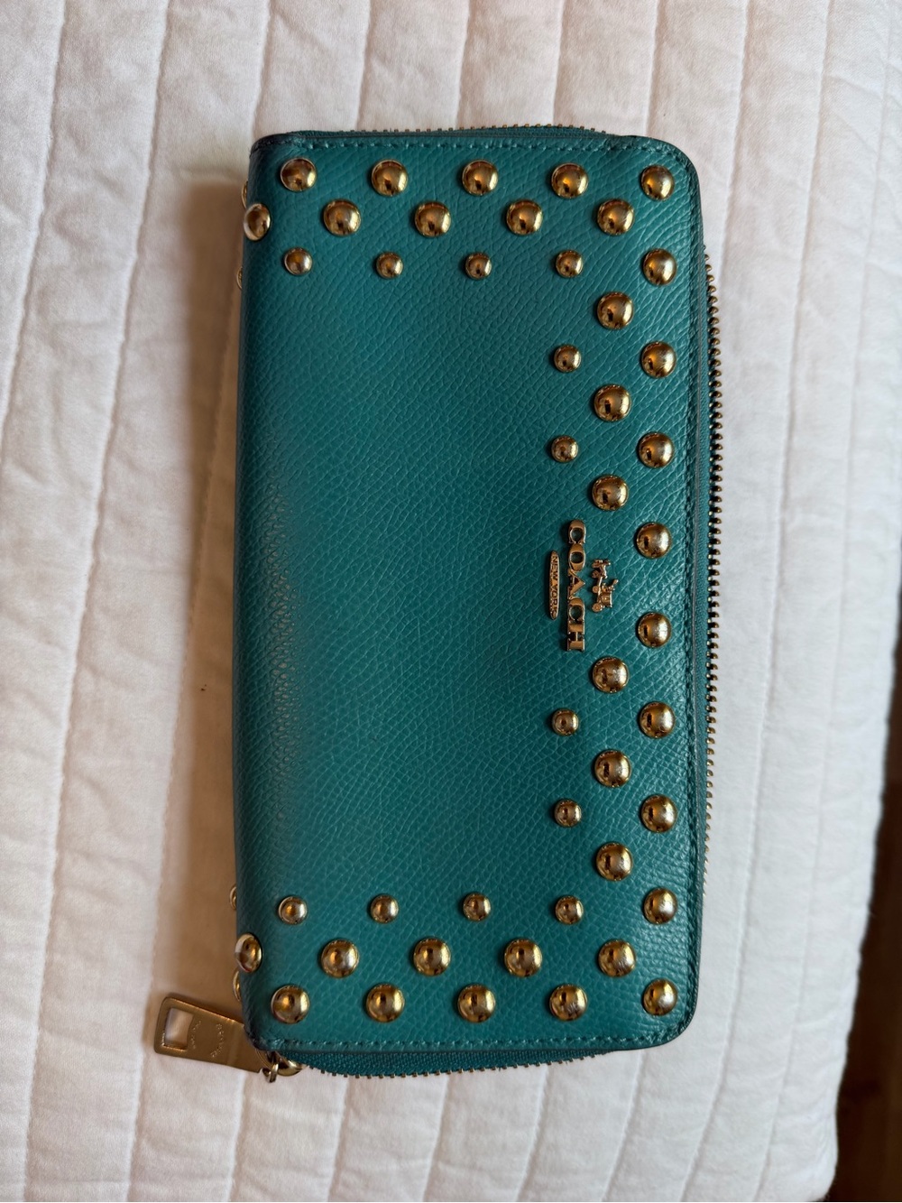 Coach Teal Leather Zip Wallet with Gold Studs